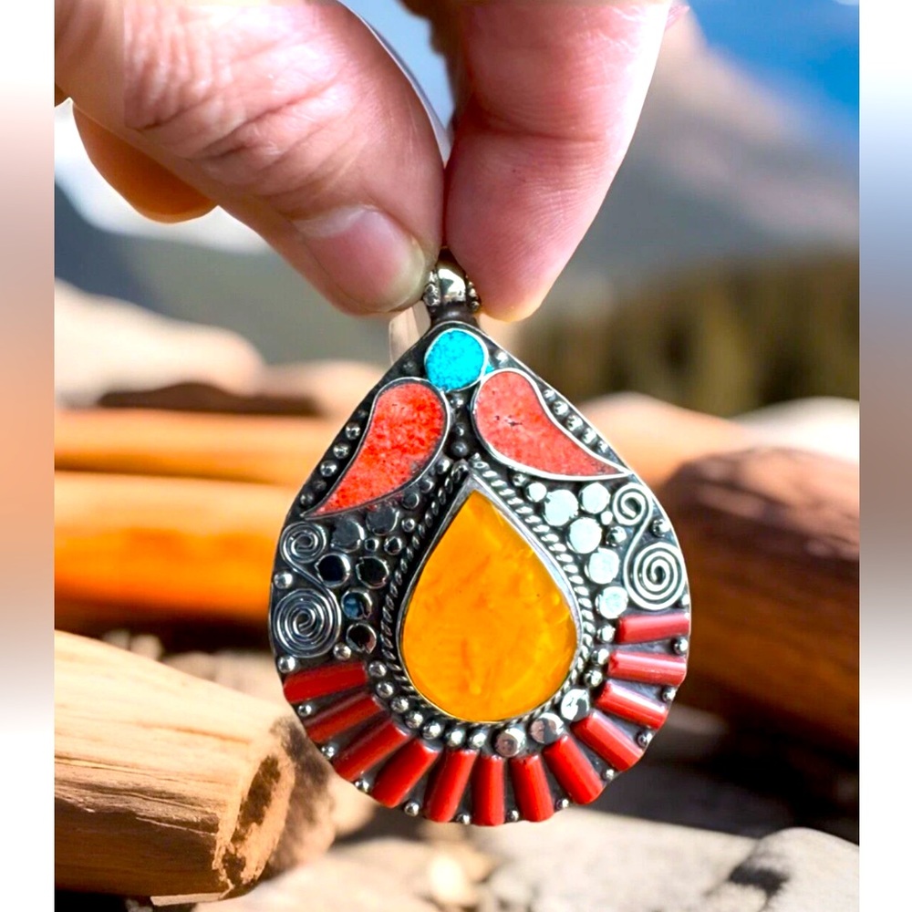 Exquisite Handcrafted Fruit Shape Pendant Inlay With Stones & Silver 47grams